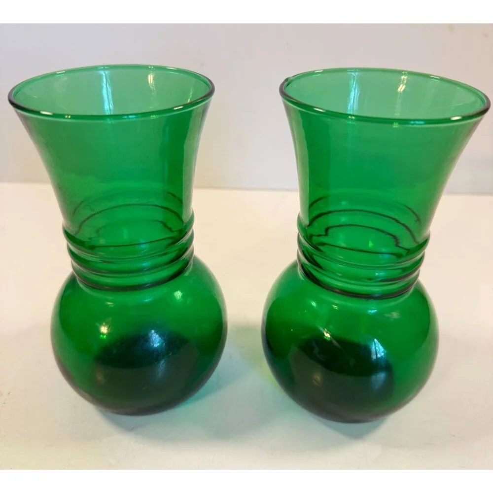 Vintage Mid Century Anchor Hocking Ribbed Forest Green Glass Vase Lot of 2